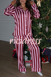 Courtney Satin Colorblock Striped Loose Shirt and Elastic Waist Pocketed Pajama Set