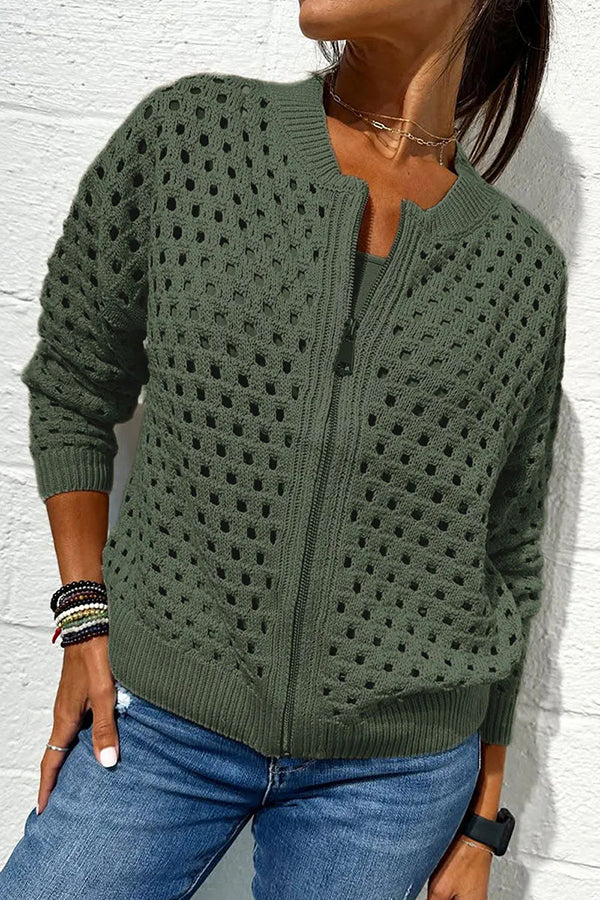 Solid Color Casual Knit Hollow Zipper Jacket