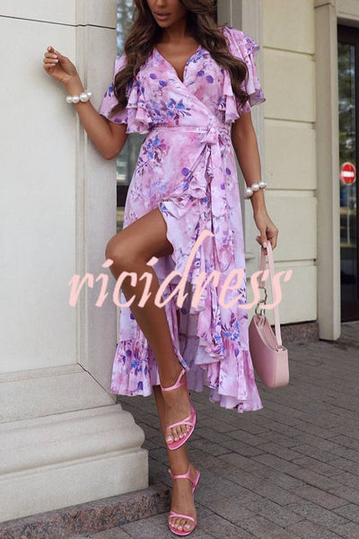 Unique Printed V-neck Ruffled Loose Midi Dress