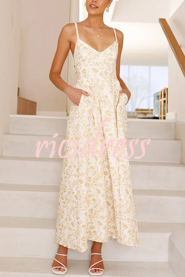 Floral Print V-Neck Sleeveless Back Tie Pocket Maxi Dress