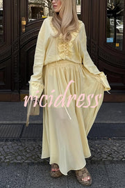 Solid Color Pleated Ruffled Tie Long Sleeve Loose Shirt