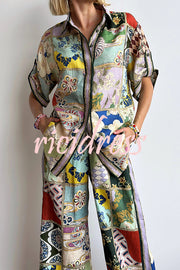 Linen Blend Lapel Short Sleeve Loose Top and Elastic Waist Casual Pocket Wide Leg Pants Set