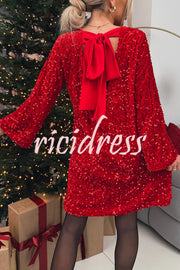 Velvet Sequin Back Bow Bell Sleeves Loose Mini Dress