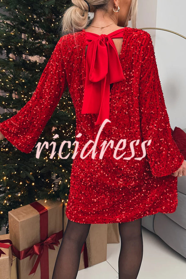 Velvet Sequin Back Bow Bell Sleeves Loose Mini Dress