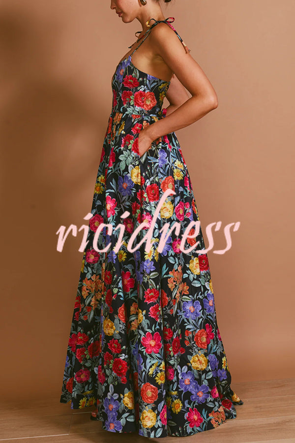 Garden Wedding Floral Print Back Tie-up Pocketed Slit Maxi Dress