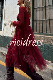 Jansen Ribbed Knit Patchwork Layered Tulle Ruffles Long Sleeve Midi Dress