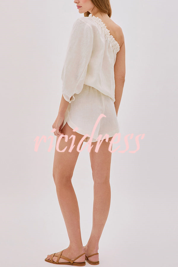 Chasing Comfort Linen Blend One Shoulder Top and Elastic Waist Pocket Shorts Set