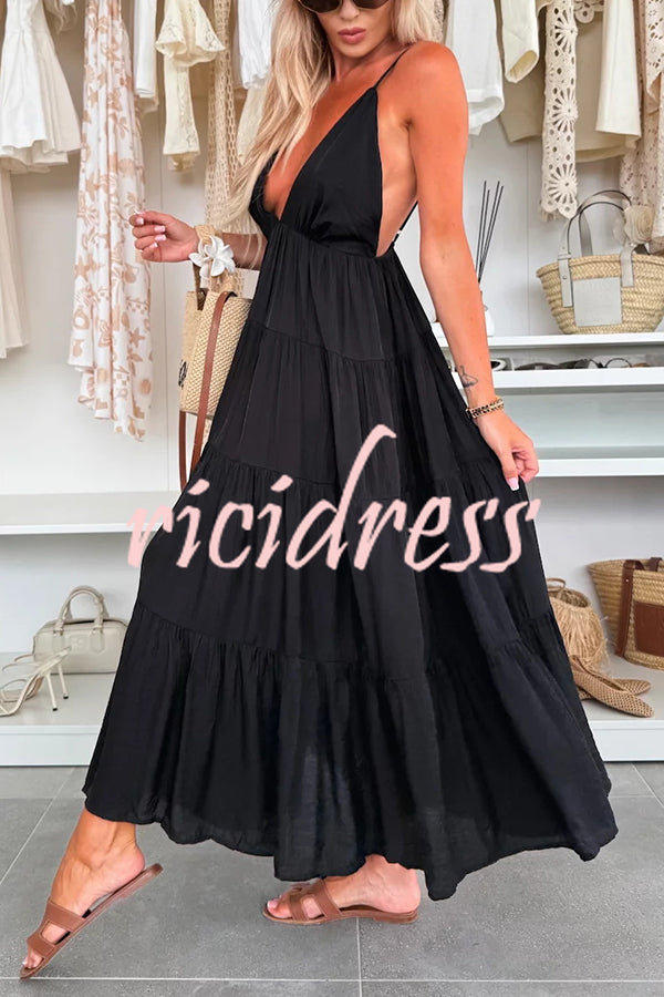 Bohemian Style V-neck Backless Slip Layered Vacation Maxi Dress