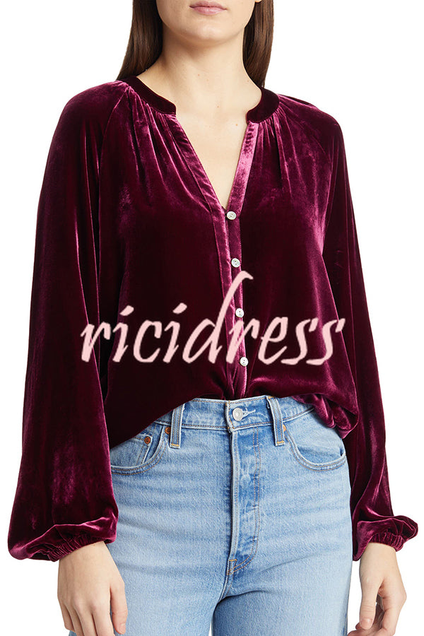 Solid Color Velvet V-neck Long-sleeved Shirt