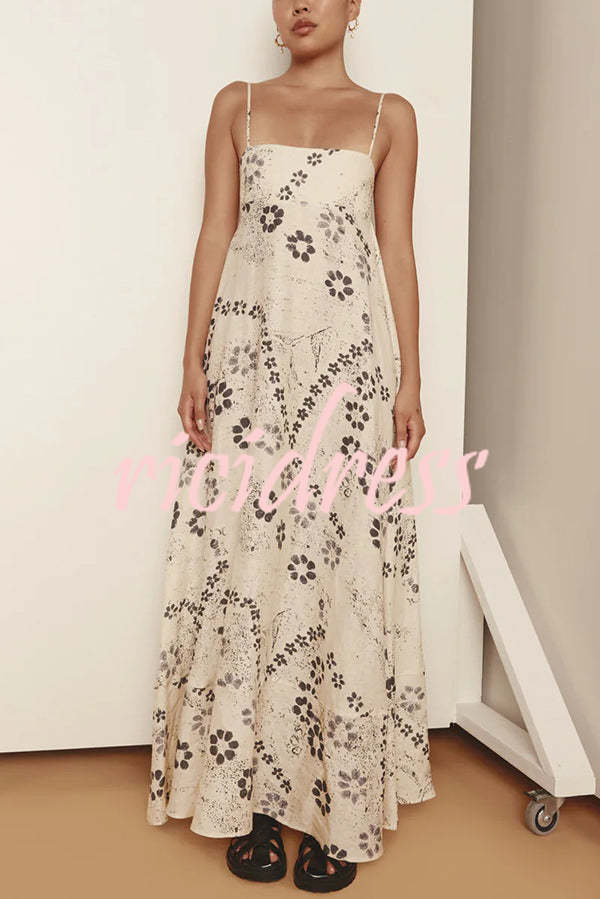 Linen Blend Floral Print Strappy Full-hem Backless Maxi Dress