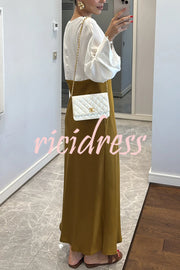 Lainei Contrast Color Satin Lace Trim V-neck Long Sleeve Maxi Dress