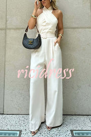 Solid Color Halterneck Sleeveless Waisted Casual Pocket Straight Jumpsuit