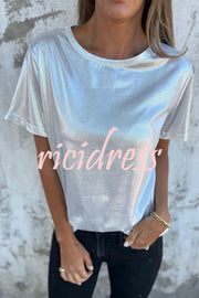 Metallic Solid Color Round Neck Short-sleeved Loose T-shirt