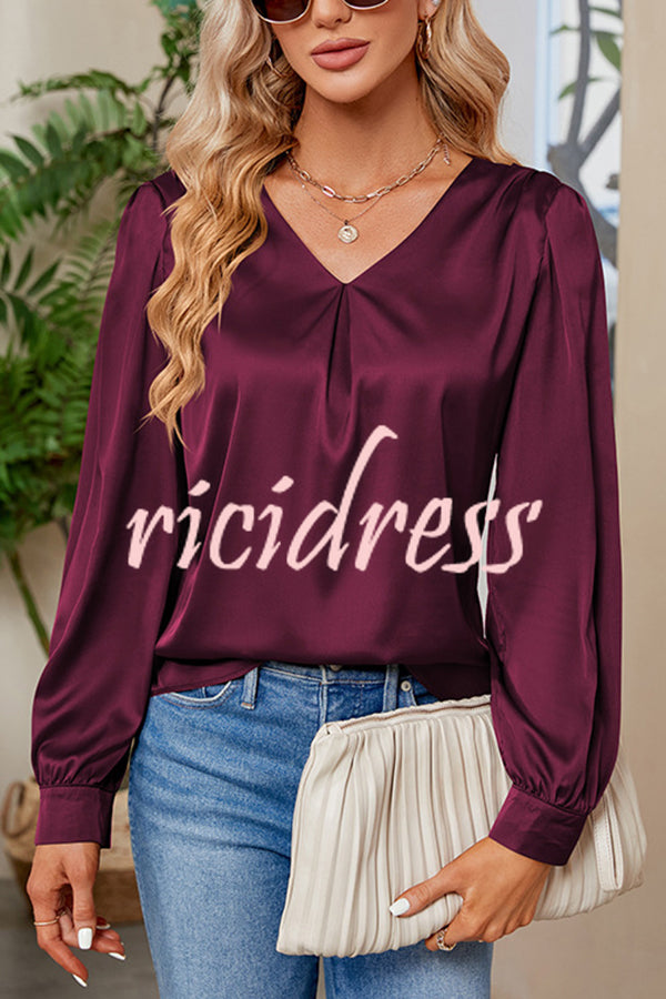 Satin Pleated V-neck Long-sleeved Loose Shirt