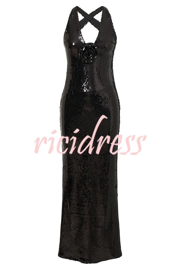 Sicilian Rose Sequin Three-dimensional Floral Sexy Backless Maxi Dress