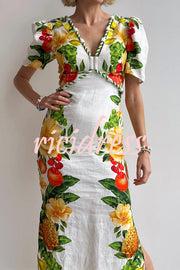 Picnic Flowers Linen Blend Floral Print Puff Sleeve Braided Rope Trim Maxi Dress