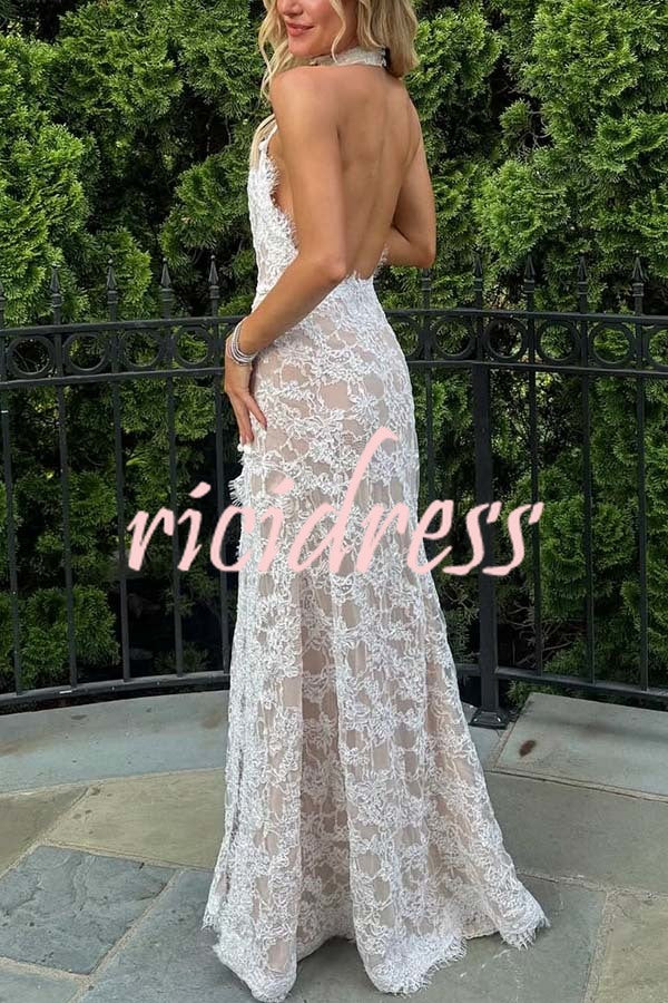 Cheongsam Style Lace Mandarin Halter Neck Backless Slit Maxi Dress
