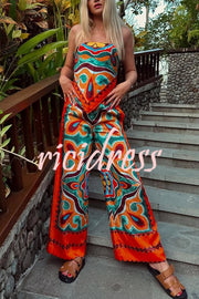 Ethnic Style Unique Print Tube Top and Elastic Waist Casual Pocket Wide Leg Pants Set