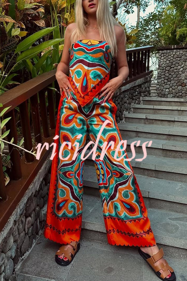 Ethnic Style Unique Print Tube Top and Elastic Waist Casual Pocket Wide Leg Pants Set