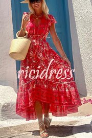 Summer in Greece Boho Print Ruffle Sleeve Elastic Waist High-low Midi Dress