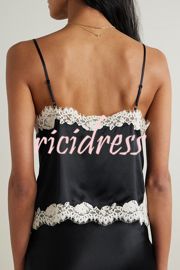 Celebration Look Contrast Color Satin Lace Trim V-Neck Slip Tank