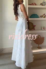 Mairi Embroidery Hollow Fabric Delicate Flower Trim Side Lace-up Maxi Dress