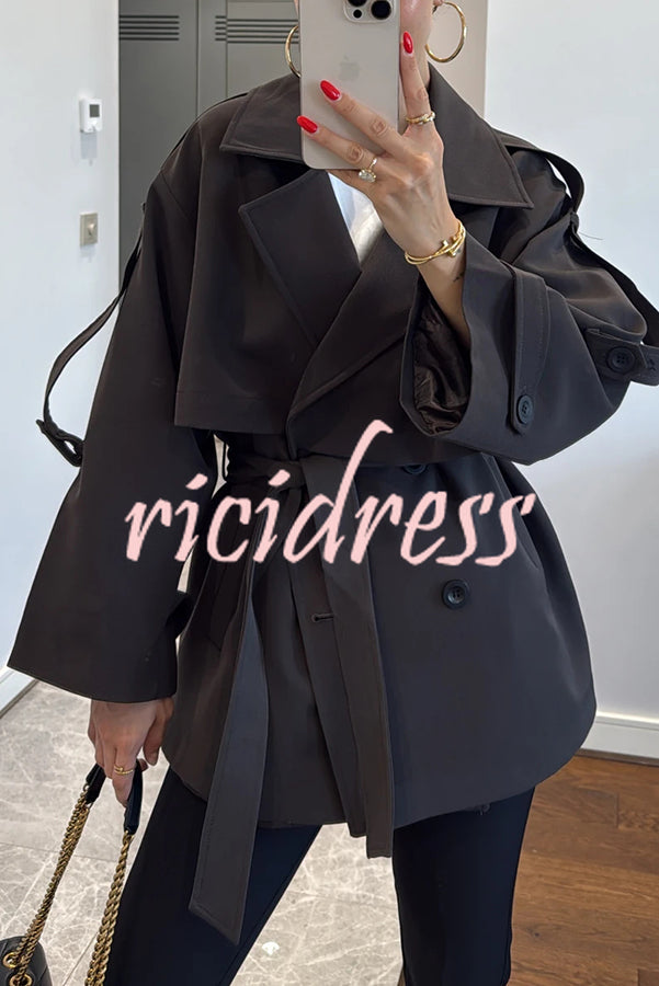 Modern Urban Dropped Shoulder Strap Button Detail Belted Lapel Loose Trench Coat