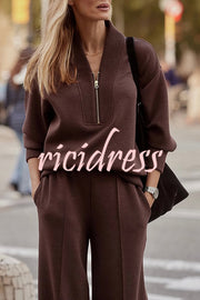 Meet The Autumn Ribbed Zipper Neck Sweatshirt and Elastic Waist Pocketed Loose Pants Set