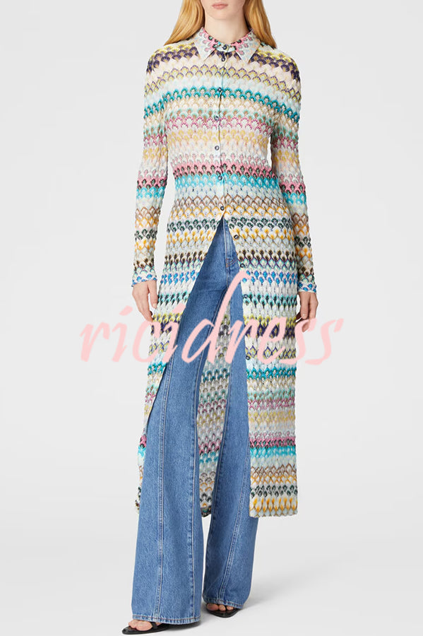 Anna Knit Colorful Herringbone Print Shirt Neck Button Long Sleeve Slim-fit Long Cardigan