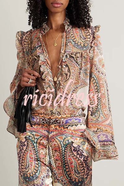 Feeling Dreamy Paisley Print Ruffle Jacquard Bell Sleeve Loose Blouse
