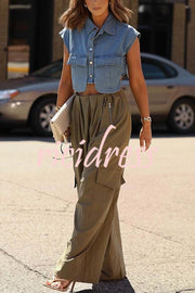 Stylish Weekend Denim Button Up Cape Sleeve Pocket Crop Top