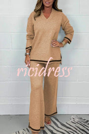 Solid Color V-neck Long-sleeved Loose Top and Elastic Waist Wide-leg Pants Set