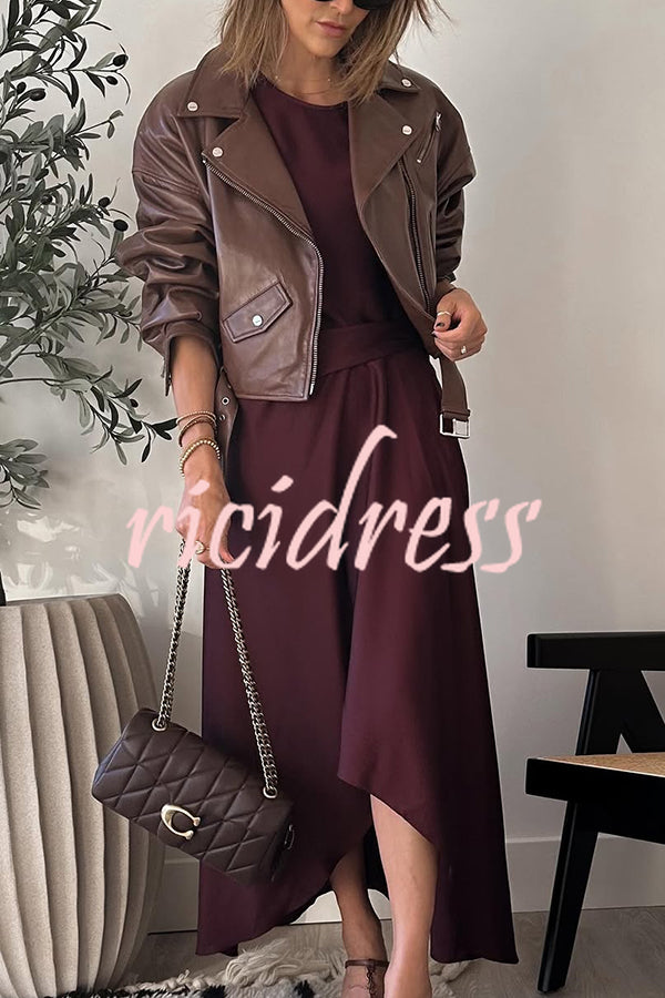 Fashion Lapel Long Sleeve Casual Zipper Pocket Leather Jacket