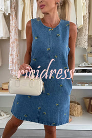 Floral Print Round Neck Sleeveless Loose Denim Mini Dress