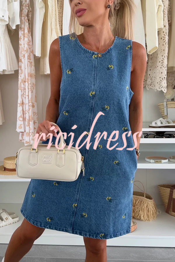 Floral Print Round Neck Sleeveless Loose Denim Mini Dress