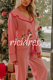 Nutcracker Charm Embroidered Gingham Loose Shirt and Elastic Waist Pajama Set