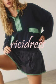 Fashion Contrast Color Stitching Stand Collar Long Sleeve Top and Elastic Waist Loose Pocket Shorts Set
