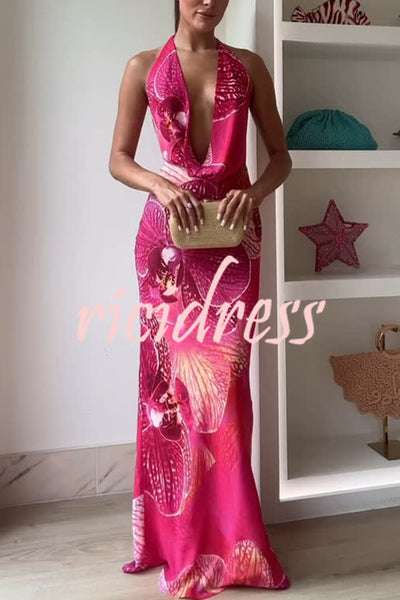 Perfect Sultry Look Unique Print Drape Cowl Neck Halter Maxi Dress