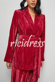Solid Color Velvet Long-sleeved Waist Tie Top and Elastic Waist Casual Pocket Straight-leg Pants Set