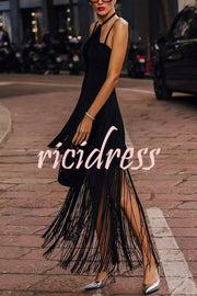 Sexy Halterneck Open Back Elegant Tassel Slim Maxi Dress