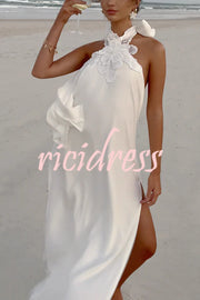 Floral Embellished Satin Halterneck Backless Resort Maxi Dress