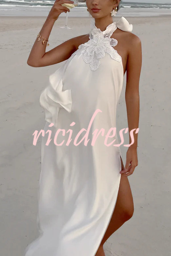 Floral Embellished Satin Halterneck Backless Resort Maxi Dress