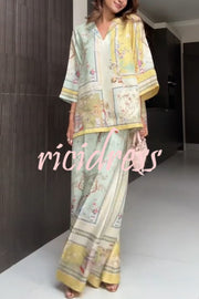 Elonie Satin Floral Print V-neck Half Sleeve Top and Elastic Waist Wide Leg Pants Set