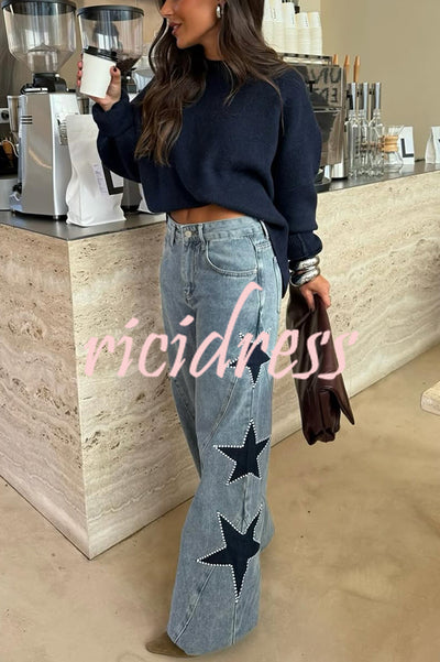 Jessy Denim Mid Rise Side Star Pattern Pocket Wide Leg Jeans