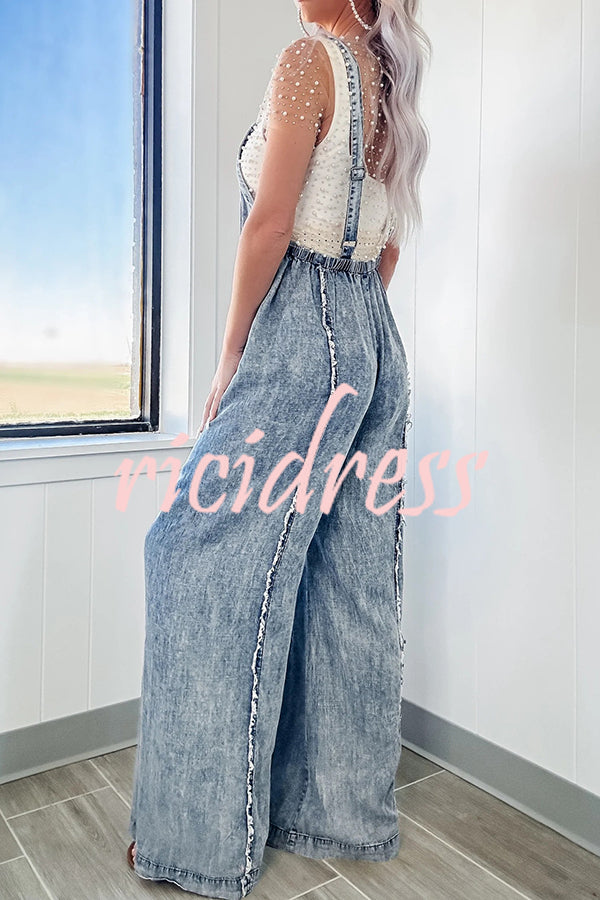 Vintage Washed Denim Raw Edge Elastic Waist Wide Leg Jumpsuit