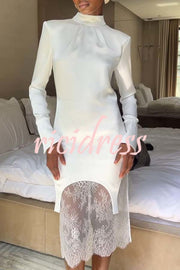 Melissa Satin High Neck Long Sleeve Curved Hem Top and Lace Midi Skirt Set