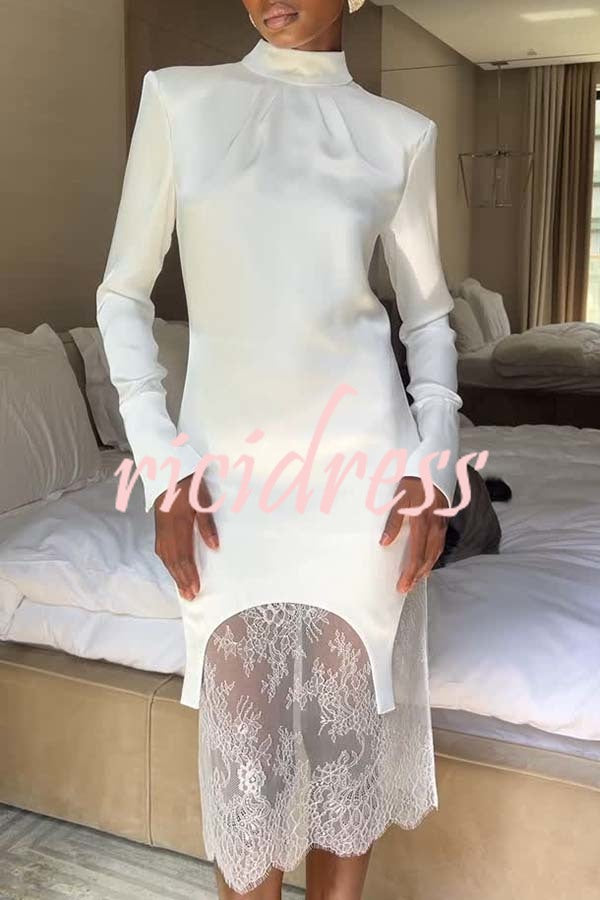 Melissa Satin High Neck Long Sleeve Curved Hem Top and Lace Midi Skirt Set