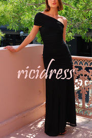 Effortless Elegance Mesh Off Shoulder Ruched Stretch Maxi Dress