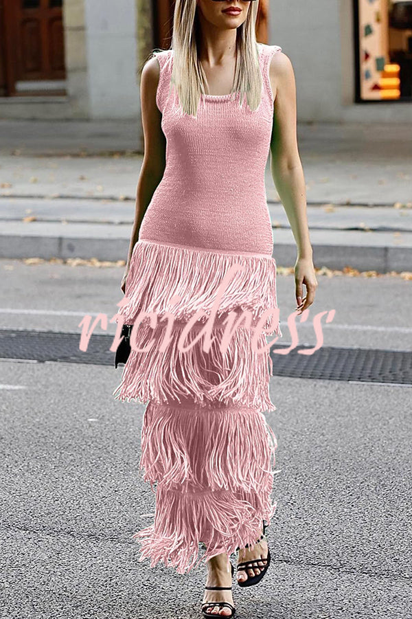 Solid Color Sleeveless Slim Fit Fringed Hem Knitted Midi Dress