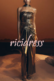 Clemence Plisse Metallic Fabric Reverse Halter Beck Strap Drape Slit Maxi Dress